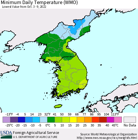 Korea Minimum Daily Temperature (WMO) Thematic Map For 10/3/2022 - 10/9/2022