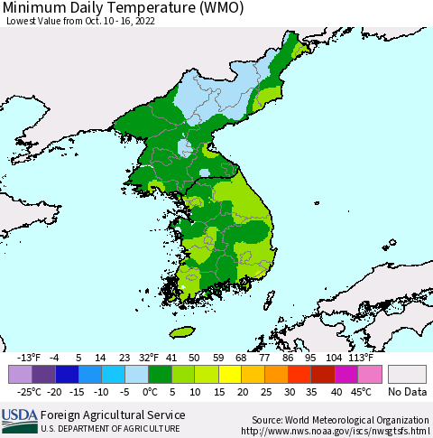 Korea Minimum Daily Temperature (WMO) Thematic Map For 10/10/2022 - 10/16/2022