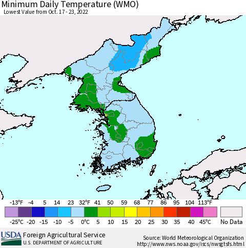 Korea Minimum Daily Temperature (WMO) Thematic Map For 10/17/2022 - 10/23/2022