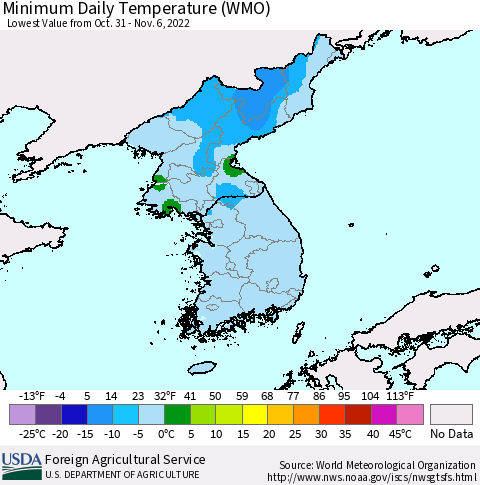 Korea Minimum Daily Temperature (WMO) Thematic Map For 10/31/2022 - 11/6/2022