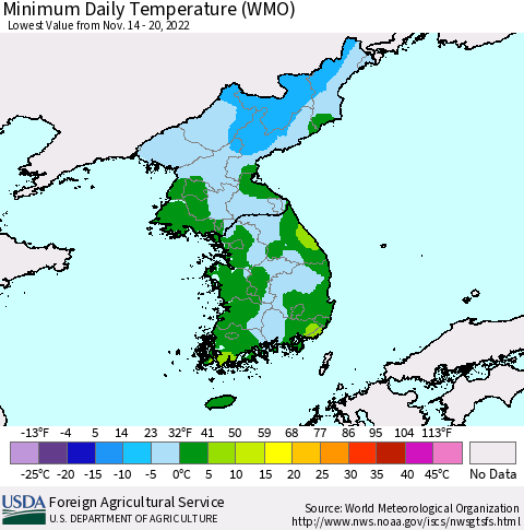 Korea Minimum Daily Temperature (WMO) Thematic Map For 11/14/2022 - 11/20/2022