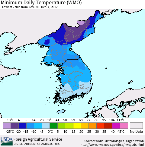 Korea Minimum Daily Temperature (WMO) Thematic Map For 11/28/2022 - 12/4/2022