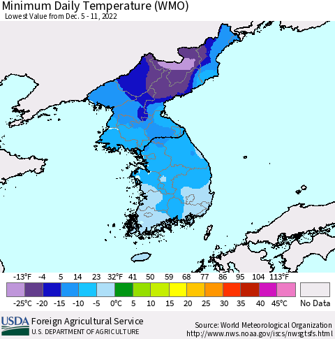 Korea Minimum Daily Temperature (WMO) Thematic Map For 12/5/2022 - 12/11/2022