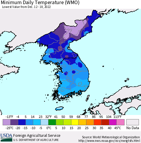 Korea Minimum Daily Temperature (WMO) Thematic Map For 12/12/2022 - 12/18/2022