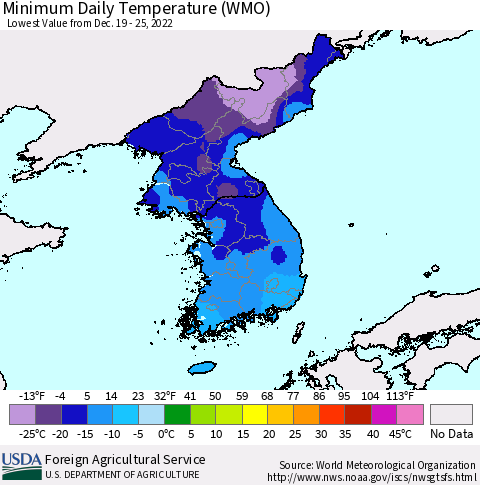 Korea Minimum Daily Temperature (WMO) Thematic Map For 12/19/2022 - 12/25/2022