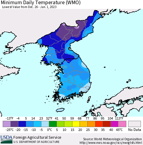 Korea Minimum Daily Temperature (WMO) Thematic Map For 12/26/2022 - 1/1/2023