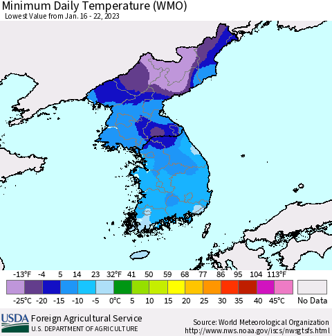 Korea Minimum Daily Temperature (WMO) Thematic Map For 1/16/2023 - 1/22/2023