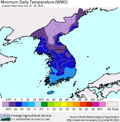 Korea Minimum Daily Temperature (WMO) Thematic Map For 1/23/2023 - 1/29/2023