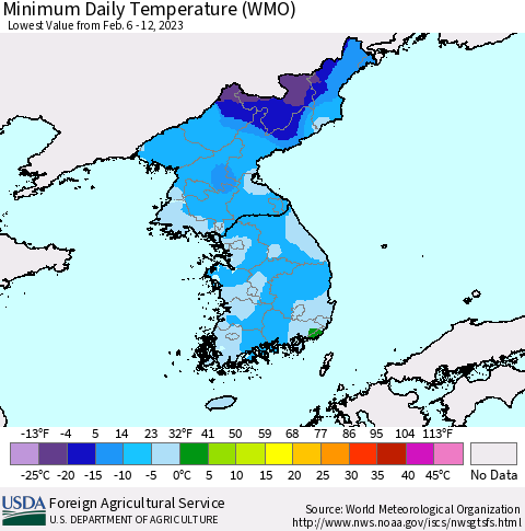 Korea Minimum Daily Temperature (WMO) Thematic Map For 2/6/2023 - 2/12/2023