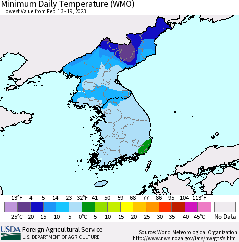 Korea Minimum Daily Temperature (WMO) Thematic Map For 2/13/2023 - 2/19/2023