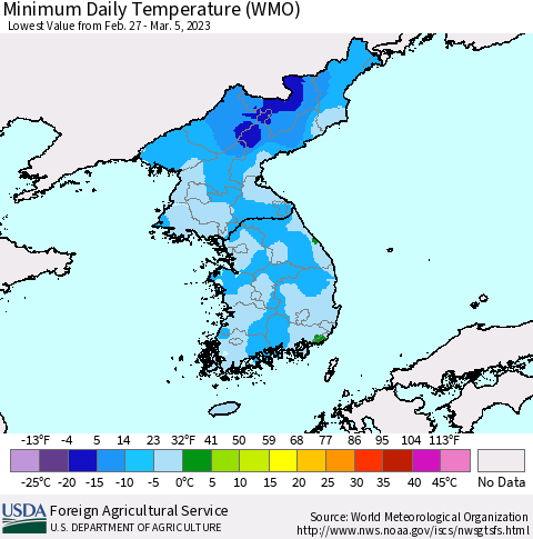 Korea Minimum Daily Temperature (WMO) Thematic Map For 2/27/2023 - 3/5/2023