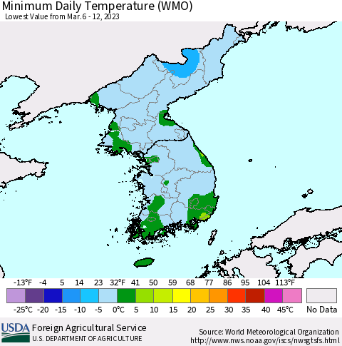 Korea Minimum Daily Temperature (WMO) Thematic Map For 3/6/2023 - 3/12/2023