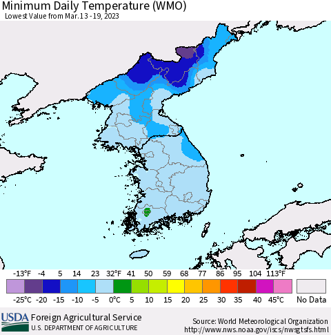 Korea Minimum Daily Temperature (WMO) Thematic Map For 3/13/2023 - 3/19/2023