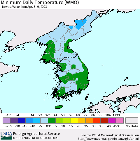 Korea Minimum Daily Temperature (WMO) Thematic Map For 4/3/2023 - 4/9/2023