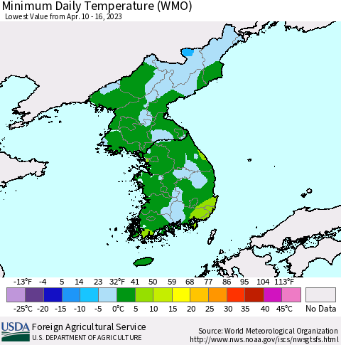 Korea Minimum Daily Temperature (WMO) Thematic Map For 4/10/2023 - 4/16/2023