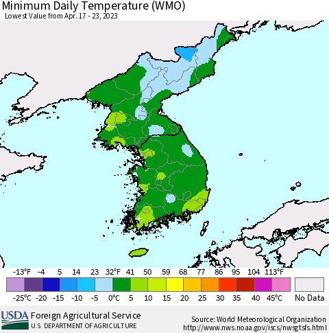 Korea Minimum Daily Temperature (WMO) Thematic Map For 4/17/2023 - 4/23/2023