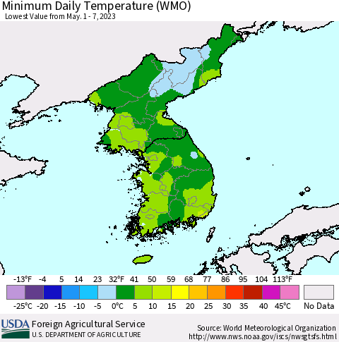 Korea Minimum Daily Temperature (WMO) Thematic Map For 5/1/2023 - 5/7/2023
