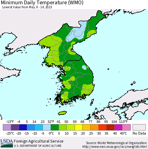 Korea Minimum Daily Temperature (WMO) Thematic Map For 5/8/2023 - 5/14/2023