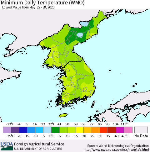 Korea Minimum Daily Temperature (WMO) Thematic Map For 5/22/2023 - 5/28/2023
