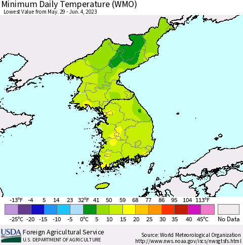 Korea Minimum Daily Temperature (WMO) Thematic Map For 5/29/2023 - 6/4/2023