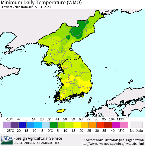 Korea Minimum Daily Temperature (WMO) Thematic Map For 6/5/2023 - 6/11/2023