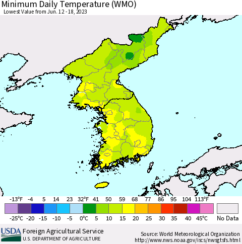 Korea Minimum Daily Temperature (WMO) Thematic Map For 6/12/2023 - 6/18/2023