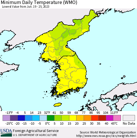 Korea Minimum Daily Temperature (WMO) Thematic Map For 6/19/2023 - 6/25/2023