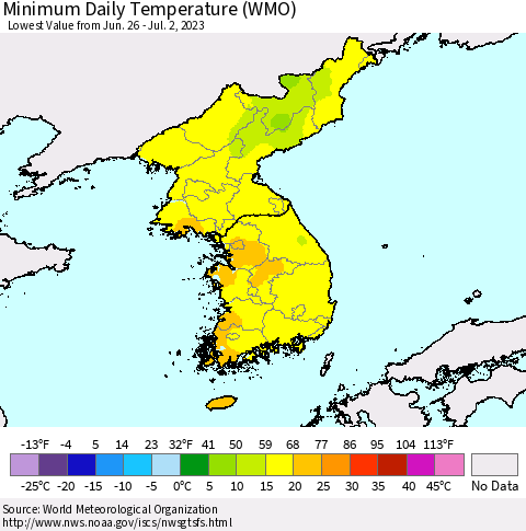 Korea Minimum Daily Temperature (WMO) Thematic Map For 6/26/2023 - 7/2/2023