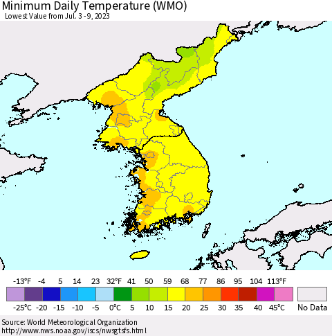 Korea Minimum Daily Temperature (WMO) Thematic Map For 7/3/2023 - 7/9/2023