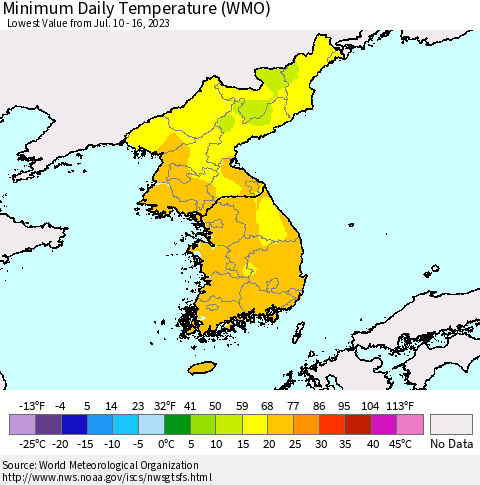 Korea Minimum Daily Temperature (WMO) Thematic Map For 7/10/2023 - 7/16/2023