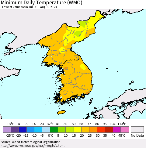 Korea Minimum Daily Temperature (WMO) Thematic Map For 7/31/2023 - 8/6/2023