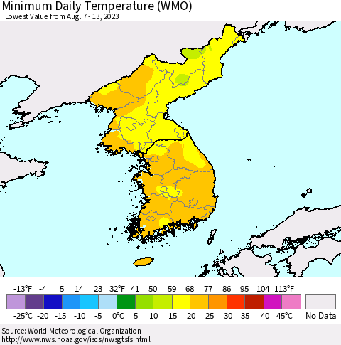 Korea Minimum Daily Temperature (WMO) Thematic Map For 8/7/2023 - 8/13/2023