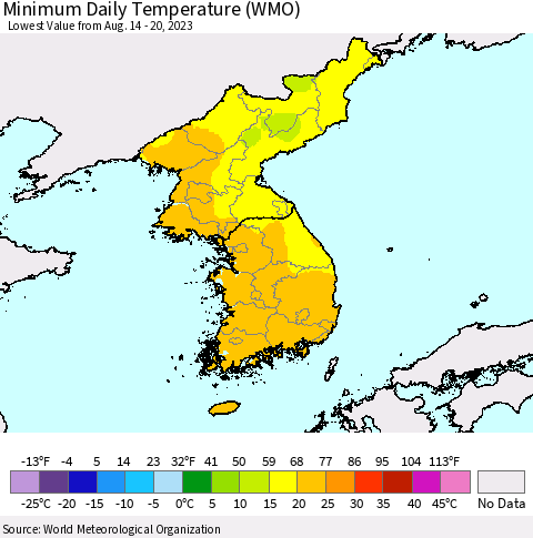 Korea Minimum Daily Temperature (WMO) Thematic Map For 8/14/2023 - 8/20/2023
