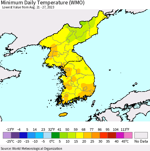 Korea Minimum Daily Temperature (WMO) Thematic Map For 8/21/2023 - 8/27/2023