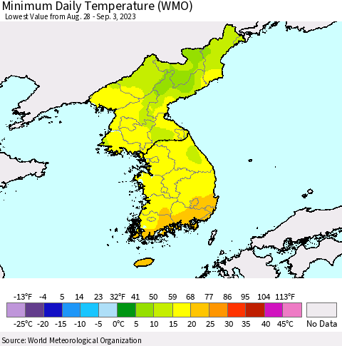 Korea Minimum Daily Temperature (WMO) Thematic Map For 8/28/2023 - 9/3/2023