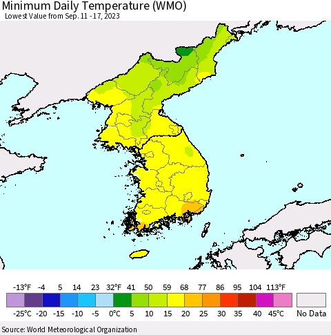 Korea Minimum Daily Temperature (WMO) Thematic Map For 9/11/2023 - 9/17/2023