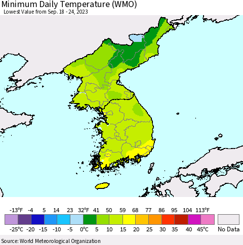 Korea Minimum Daily Temperature (WMO) Thematic Map For 9/18/2023 - 9/24/2023