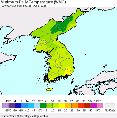 Korea Minimum Daily Temperature (WMO) Thematic Map For 9/25/2023 - 10/1/2023