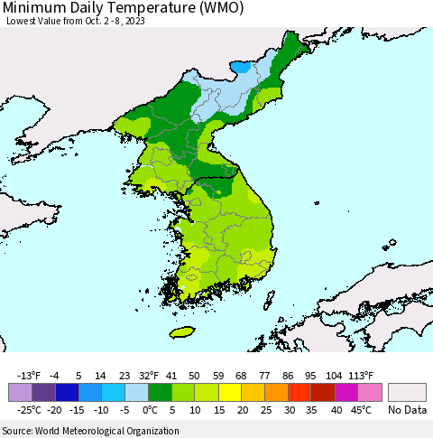 Korea Minimum Daily Temperature (WMO) Thematic Map For 10/2/2023 - 10/8/2023