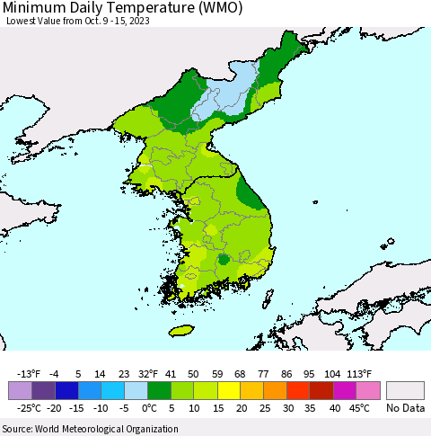 Korea Minimum Daily Temperature (WMO) Thematic Map For 10/9/2023 - 10/15/2023
