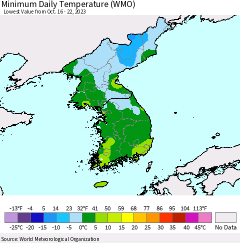 Korea Minimum Daily Temperature (WMO) Thematic Map For 10/16/2023 - 10/22/2023