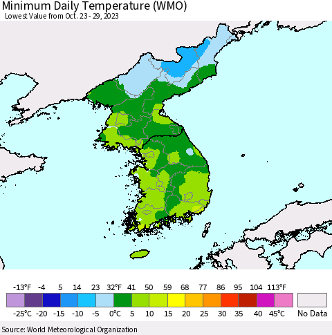 Korea Minimum Daily Temperature (WMO) Thematic Map For 10/23/2023 - 10/29/2023
