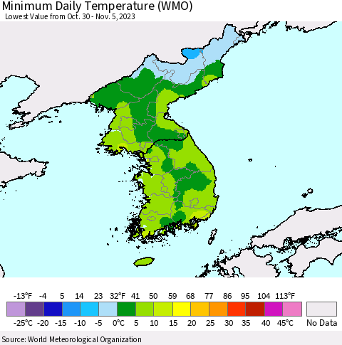 Korea Minimum Daily Temperature (WMO) Thematic Map For 10/30/2023 - 11/5/2023