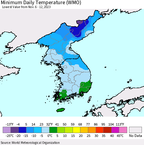 Korea Minimum Daily Temperature (WMO) Thematic Map For 11/6/2023 - 11/12/2023