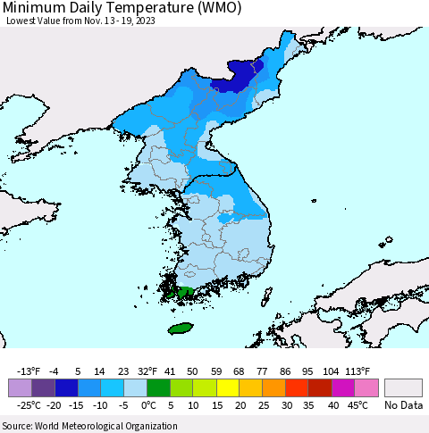 Korea Minimum Daily Temperature (WMO) Thematic Map For 11/13/2023 - 11/19/2023