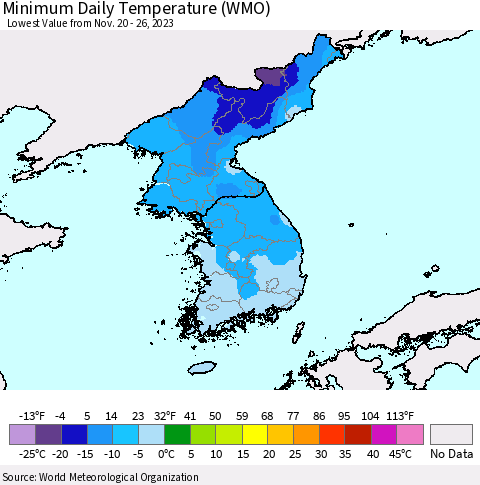 Korea Minimum Daily Temperature (WMO) Thematic Map For 11/20/2023 - 11/26/2023