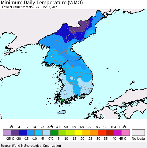 Korea Minimum Daily Temperature (WMO) Thematic Map For 11/27/2023 - 12/3/2023