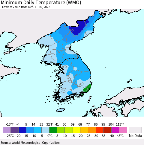 Korea Minimum Daily Temperature (WMO) Thematic Map For 12/4/2023 - 12/10/2023