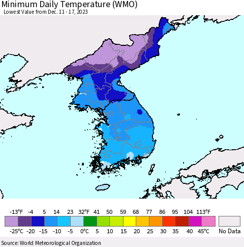 Korea Minimum Daily Temperature (WMO) Thematic Map For 12/11/2023 - 12/17/2023