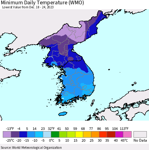 Korea Minimum Daily Temperature (WMO) Thematic Map For 12/18/2023 - 12/24/2023